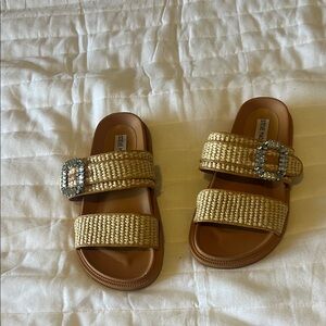 Steve Madden Braided Gold-Trim Slide Sandals with Crystal Buckles